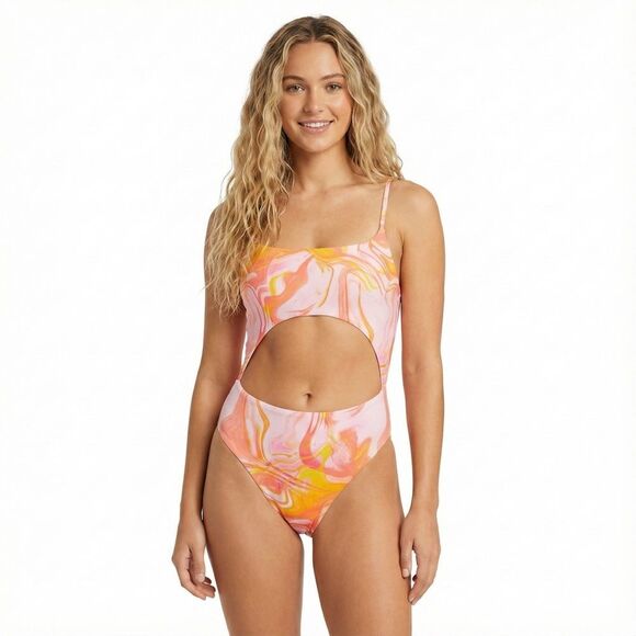 Aqua Swim Pink Orange Swirl Cutout One Piece S NWT Resort Vacation Boho Lace Up